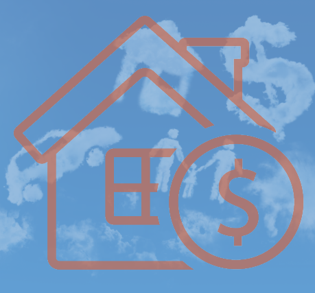 home equity icon in the sky with house, money, car and people cloud shapes