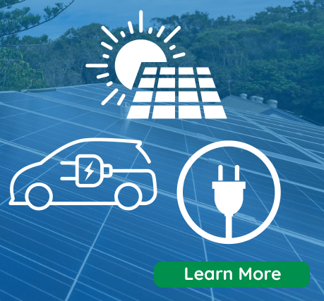 solar panels on roof with sun and solar icon, electric vehicle with charger icon and EV cord icon