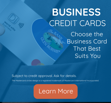 business man putting Bank of Glen Burnie credit card in suit pocket with learn more button