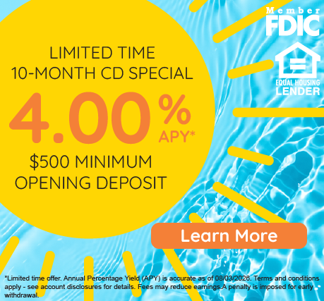 Sun against glistening pool water with limited time 10 month CD special. Click link for terms and conditions and to learn more.