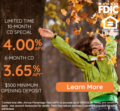 child playing in the leaves with limited time 10 month CD special and 6 month CD. Click link for terms and conditions and to learn more.