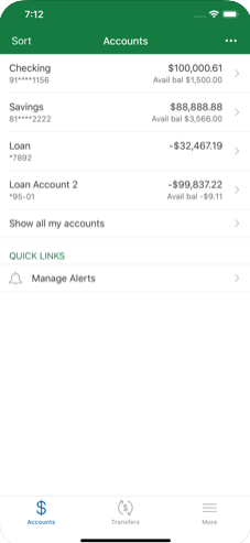 Personal Mobile Banking Accounts Screen
