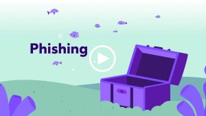 phishing graphic with sea chest and fish and click to play arrow icon