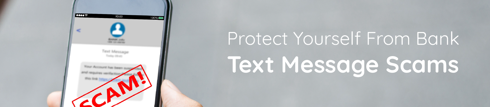 person holding mobile phone with text message on screen and "scam" in large letters across the screen