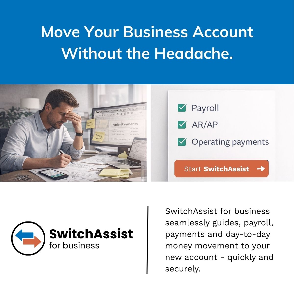 Ad promoting SwitchAssist which helps businesses move their checking accounts easily. Man shown navigating mounds of paperwork at computer.